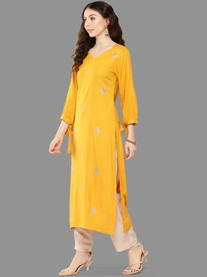 Janasya women's mustard rayon embroidered straight kurta 3