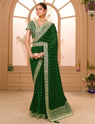 Green Colour Chinnon Silk heavy work Saree WITH UN-STITCHED BLOUSE 1