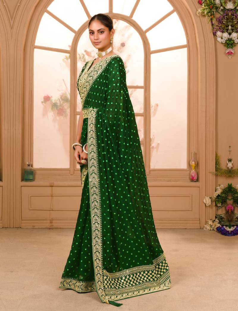 Green Colour Chinnon Silk heavy work Saree WITH UN-STITCHED BLOUSE