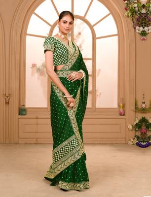 Green Colour Chinnon Silk heavy work Saree WITH UN-STITCHED BLOUSE 3