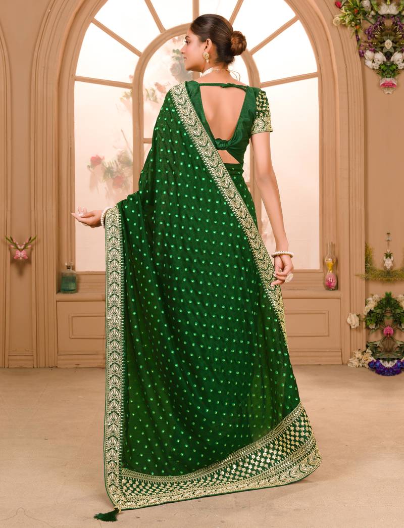 Green Colour Chinnon Silk heavy work Saree WITH UN-STITCHED BLOUSE
