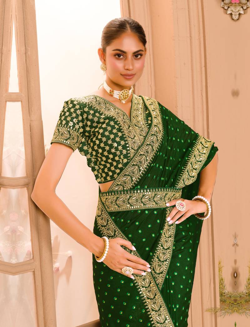 Green Colour Chinnon Silk heavy work Saree WITH UN-STITCHED BLOUSE