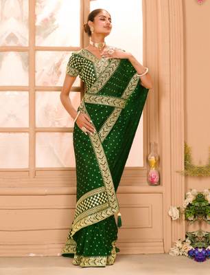Green Colour Chinnon Silk heavy work Saree WITH UN-STITCHED BLOUSE 6