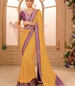 Yellow Colour Chinnon Silk heavy work Saree WITH UN-STITCHED BLOUSE