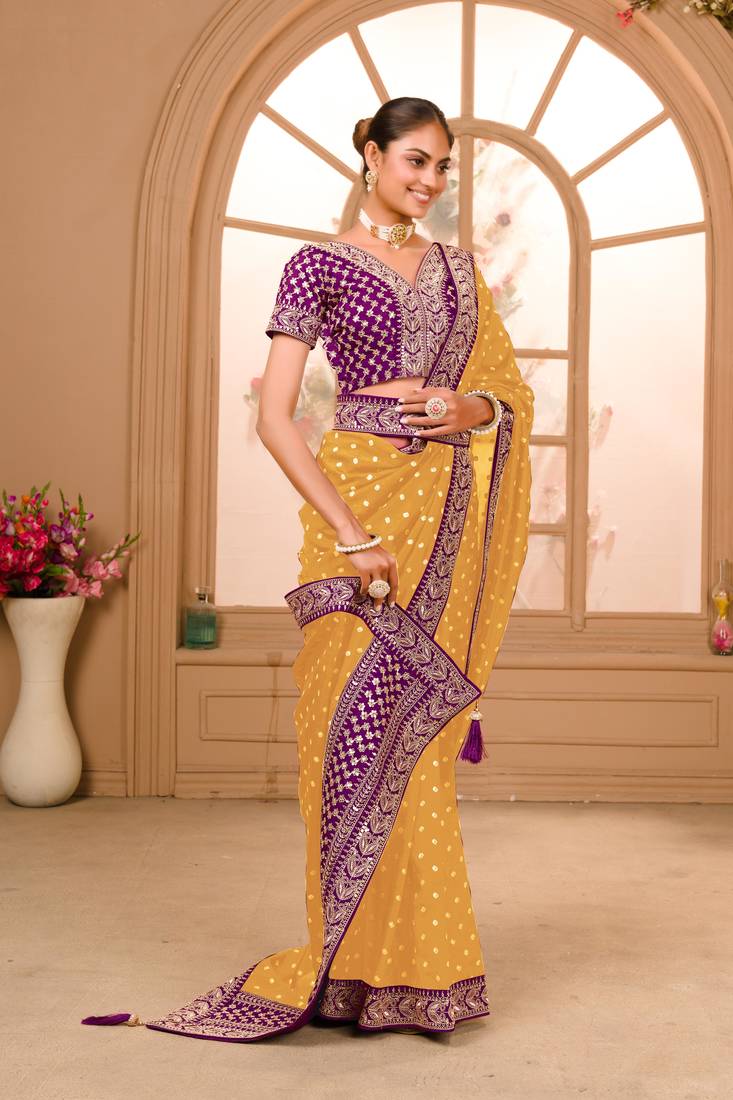 Yellow Colour Chinnon Silk heavy work Saree WITH UN-STITCHED BLOUSE