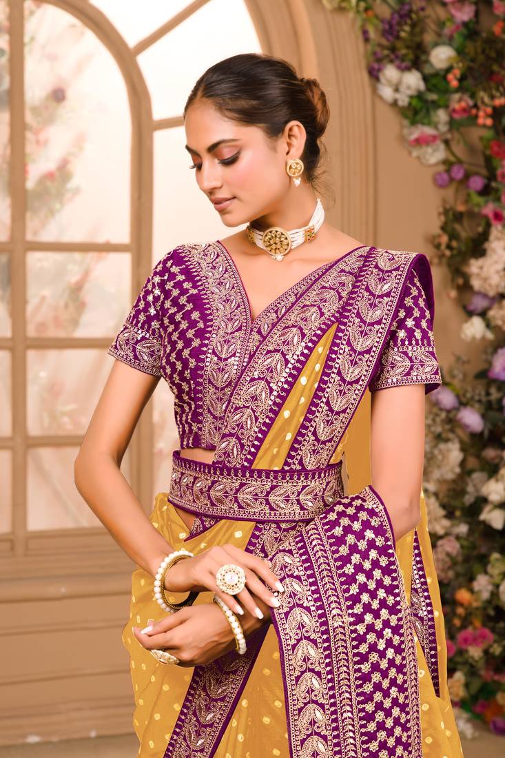 Yellow Colour Chinnon Silk heavy work Saree WITH UN-STITCHED BLOUSE