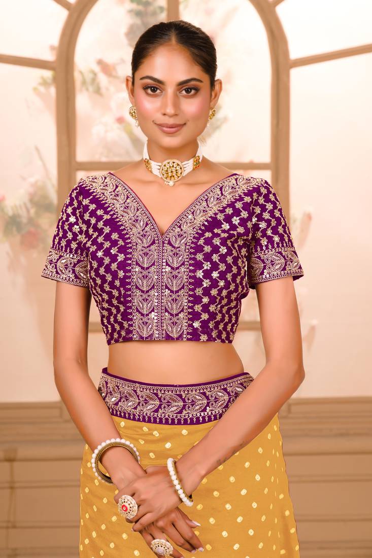 Yellow Colour Chinnon Silk heavy work Saree WITH UN-STITCHED BLOUSE