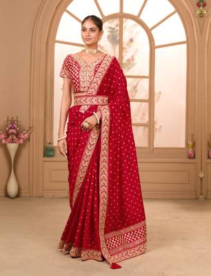 Maroon Colour Chinnon Silk heavy work Saree WITH UN-STITCHED BLOUSE 1