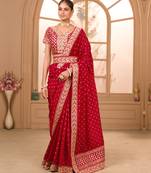 Maroon Colour Chinnon Silk heavy work Saree WITH UN-STITCHED BLOUSE