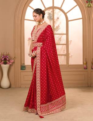 Maroon Colour Chinnon Silk heavy work Saree WITH UN-STITCHED BLOUSE 3