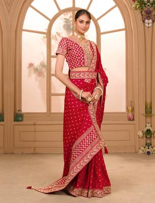 Maroon Colour Chinnon Silk heavy work Saree WITH UN-STITCHED BLOUSE 4