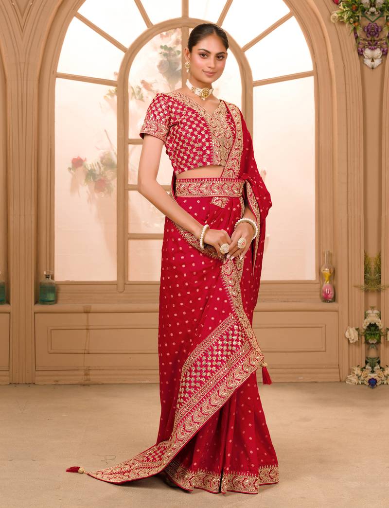Maroon Colour Chinnon Silk heavy work Saree WITH UN-STITCHED BLOUSE