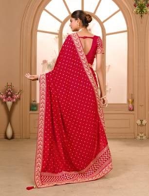 Maroon Colour Chinnon Silk heavy work Saree WITH UN-STITCHED BLOUSE 5