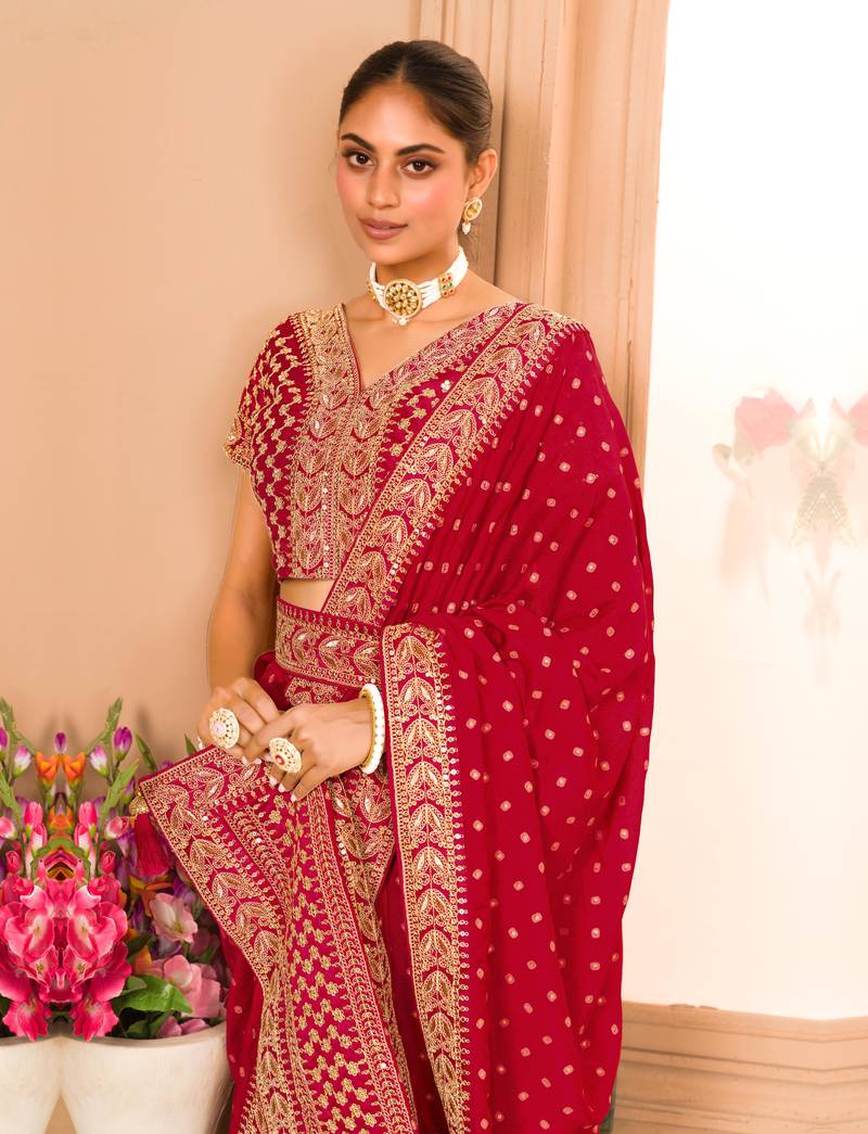Maroon Colour Chinnon Silk heavy work Saree WITH UN-STITCHED BLOUSE