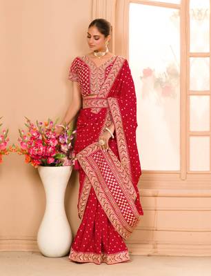 Maroon Colour Chinnon Silk heavy work Saree WITH UN-STITCHED BLOUSE 7
