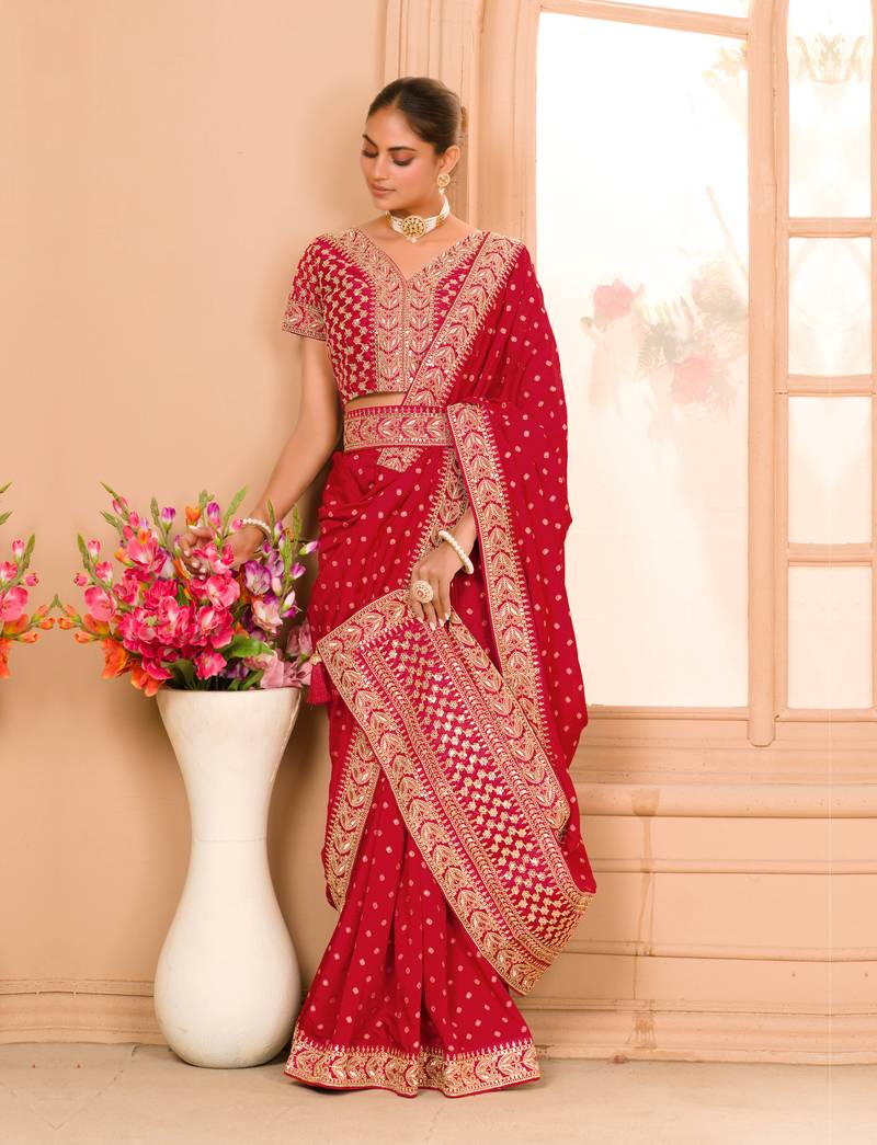 Maroon Colour Chinnon Silk heavy work Saree WITH UN-STITCHED BLOUSE
