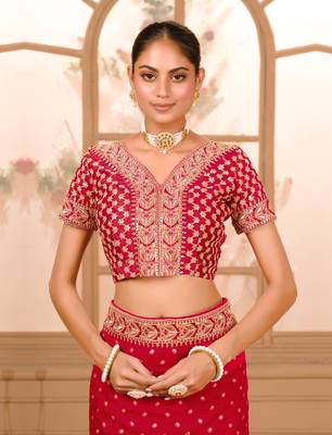 Maroon Colour Chinnon Silk heavy work Saree WITH UN-STITCHED BLOUSE 8