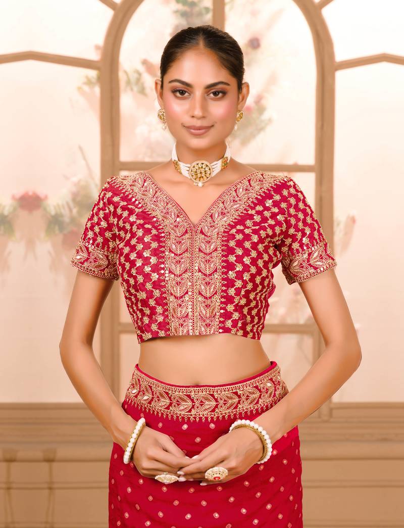 Maroon Colour Chinnon Silk heavy work Saree WITH UN-STITCHED BLOUSE