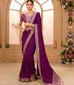 Wine Colour Vichitra Silk heavy work Saree WITH UN-STITCHED BLOUSE
