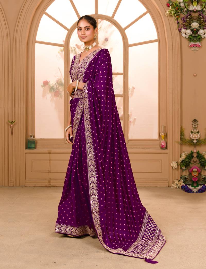 Wine Colour Vichitra Silk heavy work Saree WITH UN-STITCHED BLOUSE