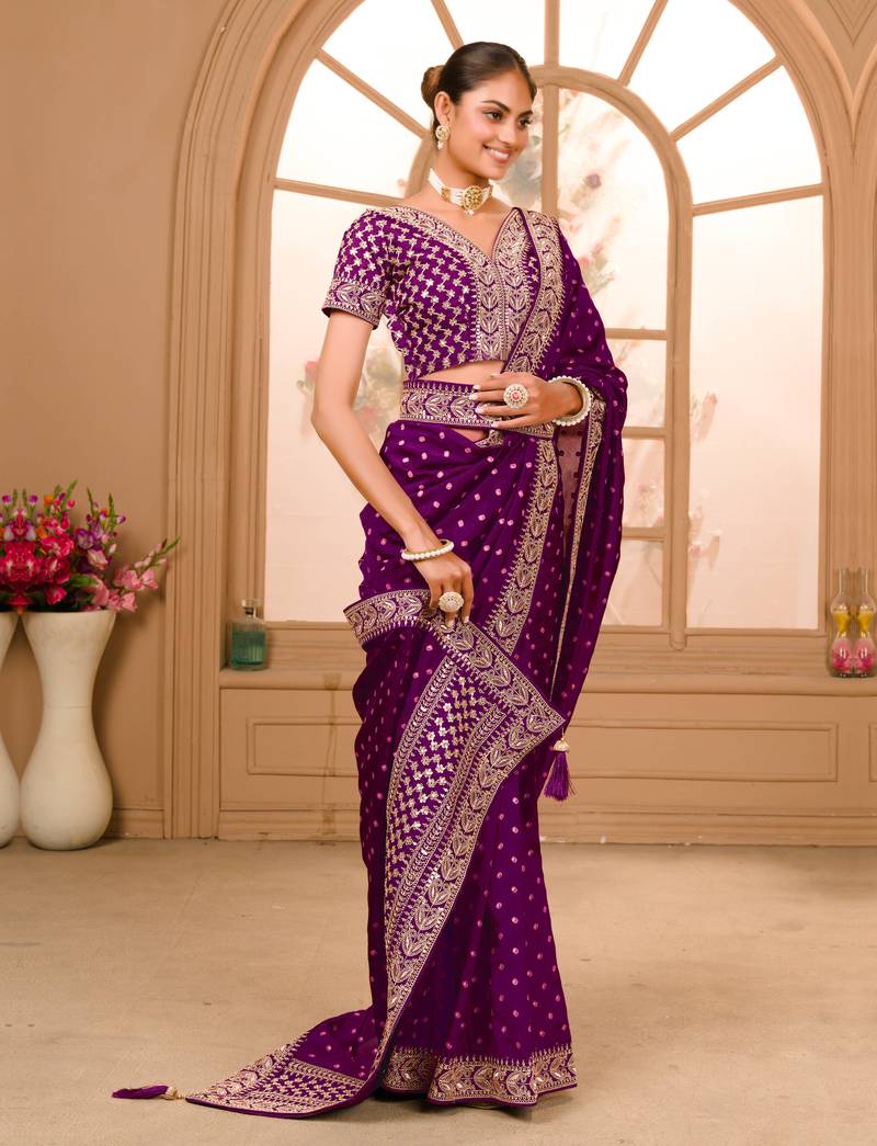 Wine Colour Vichitra Silk heavy work Saree WITH UN-STITCHED BLOUSE