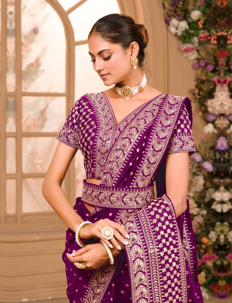 Wine Colour Vichitra Silk heavy work Saree WITH UN-STITCHED BLOUSE