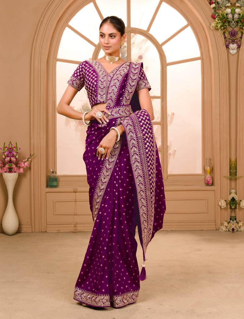 Wine Colour Vichitra Silk heavy work Saree WITH UN-STITCHED BLOUSE