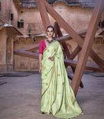 Elora pure satin paisley design weaving saree with contrast blouse (light green)