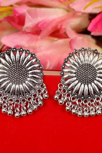 Oxidised silver dangling beads studs