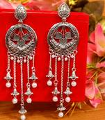 Oxidised silver look dangling pearl long earrings