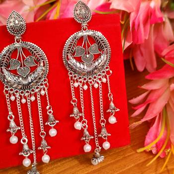 Oxidised silver look dangling pearl long earrings 2
