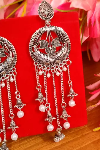 Oxidised silver look dangling pearl long earrings