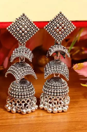 Oxidised silver look double decker jhumka's