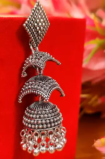 Oxidised silver look double decker jhumka's