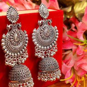 Oxidised silver look traditional peacock jhumka's 2