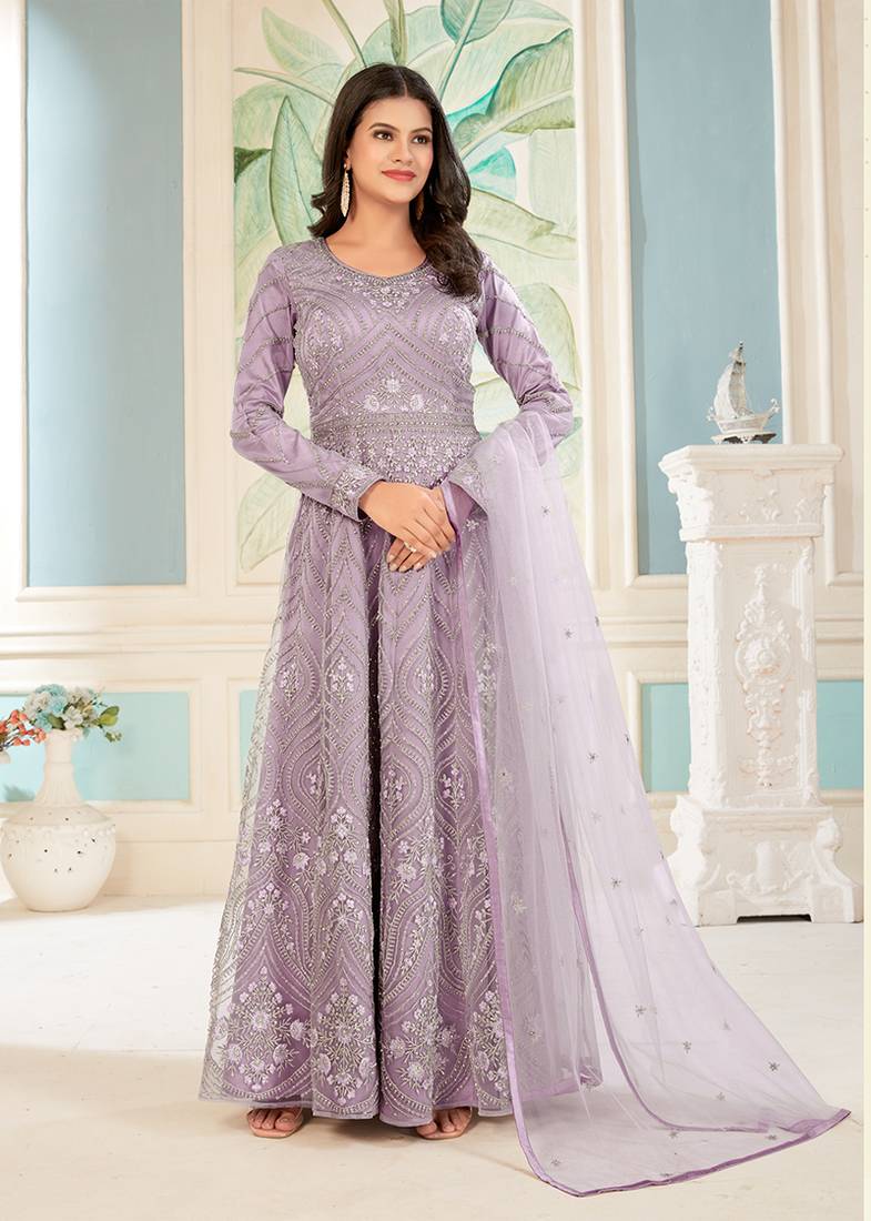 Lavender color net heavy embroidered wedding wear anarkali suit