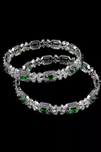 Rhodium plated green stone embellished cz bangles bd686