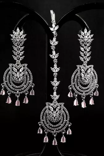 Pink stone embellished cz earrings tikka set 216ed730