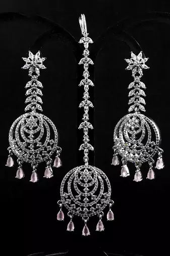 Pink stone embellished cz earrings tikka set 216ed734