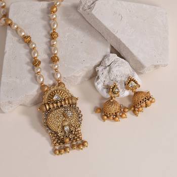 Gold color long matte gold temple necklace set 2