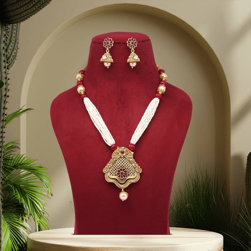 Maroon color long matte gold temple necklace set
