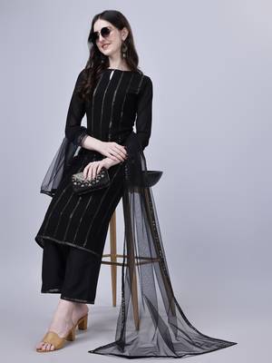 Modestouze Attires Women's Mukaish Worked Knee Length Georgette Kurta And Palazzo Set With Dupatta (Black) (MAK19) 1