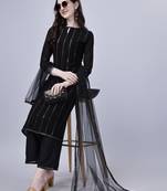 Modestouze Attires Women's Mukaish Worked Knee Length Georgette Kurta And Palazzo Set With Dupatta (Black) (MAK19)