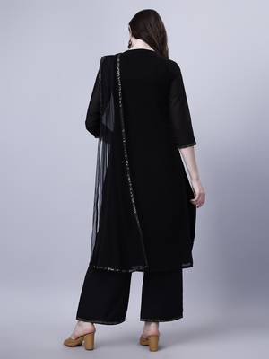 Modestouze Attires Women's Mukaish Worked Knee Length Georgette Kurta And Palazzo Set With Dupatta (Black) (MAK19) 2