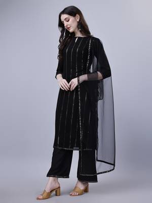 Modestouze Attires Women's Mukaish Worked Knee Length Georgette Kurta And Palazzo Set With Dupatta (Black) (MAK19) 3