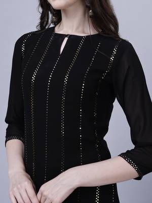 Modestouze Attires Women's Mukaish Worked Knee Length Georgette Kurta And Palazzo Set With Dupatta (Black) (MAK19) 4