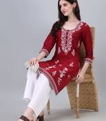 Modestouze Attires Women's Printed Knee Length Rayon Kurti (Maroon) (MAK33)