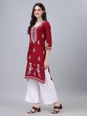 Modestouze Attires Women's Printed Knee Length Rayon Kurti (Maroon) (MAK33) 3