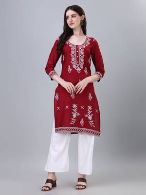 Modestouze Attires Women's Printed Knee Length Rayon Kurti (Maroon) (MAK33) 4