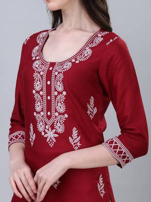 Modestouze Attires Women's Printed Knee Length Rayon Kurti (Maroon) (MAK33) 5